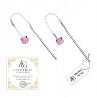 KOLCZYKI SREBRNE Przeciągane Wiszące Cyrkonia Różowa SREBRO PR 925