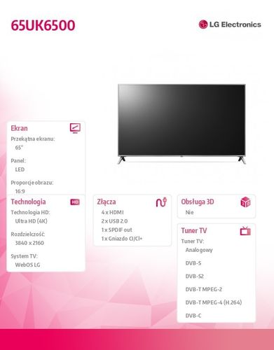 LG Electronics Telewizor 4K 65 65UK6500 na Arena.pl