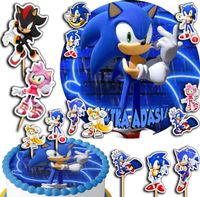 ZESTAW OPŁATEK NA TORT 20CM + TOPPERY PAPIEROWE - SONIC + IMIĘ 15CM 18CM