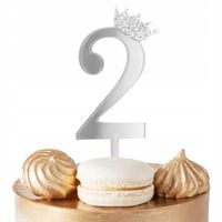 TOPPER NA TORT CYFERKA CYFRA 2 SREBRNA LUSTRZANA NA IMPREZĘ URODZINOWĄ