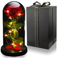 Wieczna Róża w Kopule z Oświetleniem LED Sercem Koralikami Czerwona 21x11cm