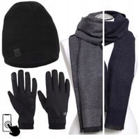 Elegancki Czarny Komplet Męski Czapka Szalik Rękawiczki Dotykowe MORAJ