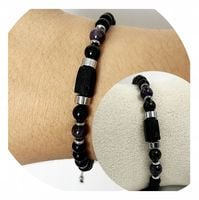 Męska Bransoletka Kamieni Naturalnych CZARNY TURMALIN Ametyst Obsydian