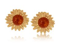 Pozłacane kolczyki kwiaty z bursztynem na sztyfcie z kolekcji Amber