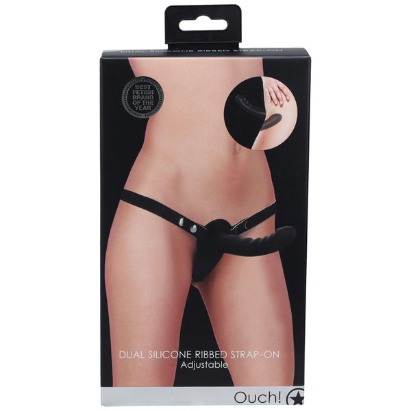 Ouch! - Dual Silicone Ribbed Strap-On - Adjustable - Black zdjęcie 2