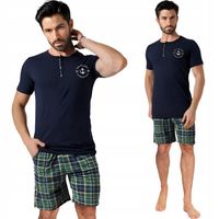 Bawełniana Klasyczna Piżama Męska NETi z Krótkim Rękawem Granatowa