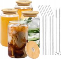 Szklane Słoiki Szklanki z Bambusową Pokrywką i szklaną słomką 4 x 500ml