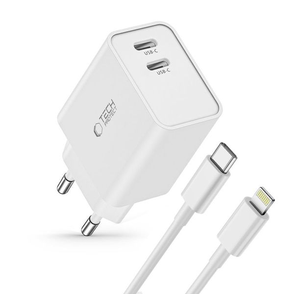 tech-protect c35w 2-port network charger pd35w + lightning cable white zdjęcie 2
