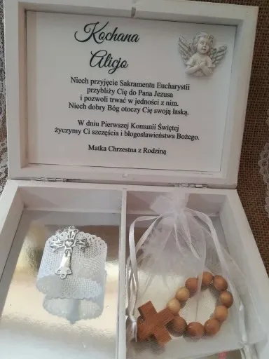 Pudełko na pieniądze prezent Pamiątka I Komunii chrzestnej dziadków aniołek zdjęcie 10