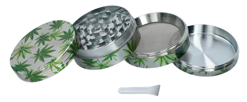 Srebrny Crusher Młynek do Tytoniu Grinder Metalowy z Zielonymi Listkami na Arena.pl