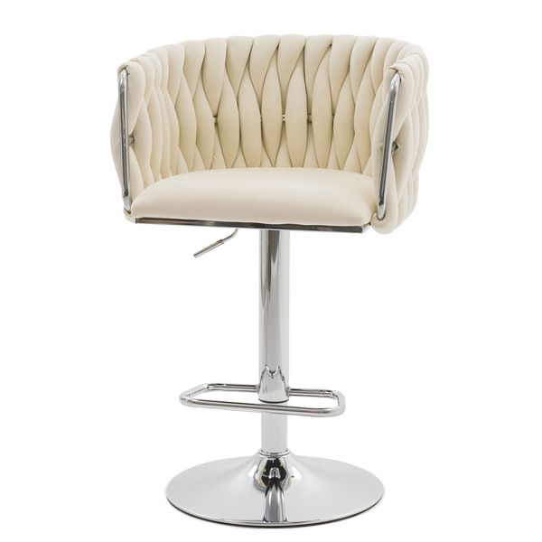 Hoker Z Plecionym Oparciem Welur ROSA Beżowy/Chrom Krzesło Do Wyspy zdjęcie 3