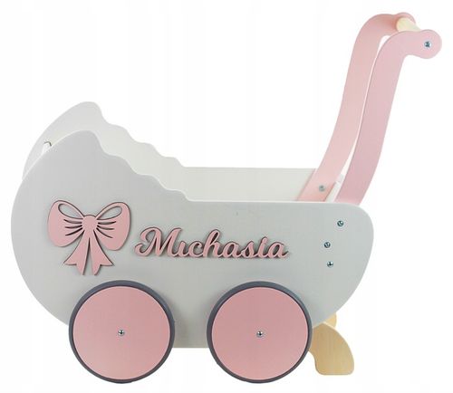 drewniany WÓZEK DLA LALEK +IMIĘ + POŚCIEL +stopery na Arena.pl