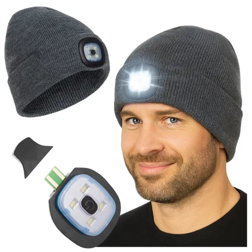 Czapka Zimowa z Latarką Led Lampką Czołówka Robocza do Biegania Szara na Arena.pl