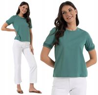 Damska Bluzka 100% Bawełniana Gładka z Koronkowym Rękawem ZIELONA MORAJ XL