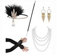 ZESTAW RETRO DAMSKI LATA 20 FLAPPER 6 EL. PRZEBRANIE KARNAWAŁ KORALE czarny