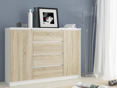 KOMODA K 140 cm 2 DRZWI 4 SZUFLADY BIAŁA / SONOMA na Arena.pl