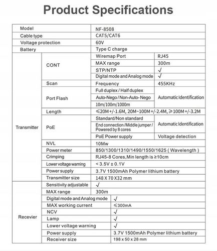 TESTER LAN POE ŚWIATŁOWODÓW SZUKACZ PAR NOYAFA NF-8508 na Arena.pl