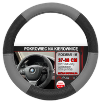 NAKŁADKA NA KIEROWNICĘ SKÓRZANY POKROWIEC SKÓRA SZARO CZARNY 37-38 CM