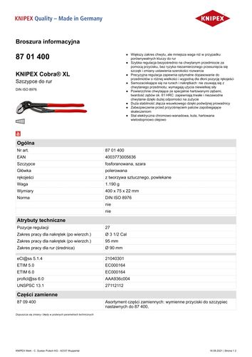 szczypce do rur cobra xl 400mm - kn 87 01 400 na Arena.pl