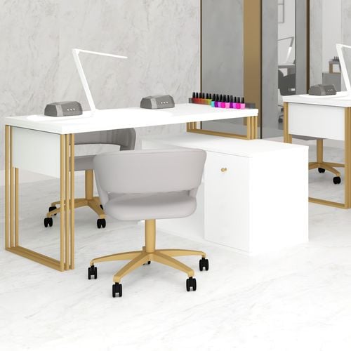 Biurko kosmetyczne narożne Klara N1 1D z szafką biały mat/złoty na Arena.pl