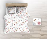 Pościel z kory 160x200 szare różowe pomarańczowe maki na białym tle