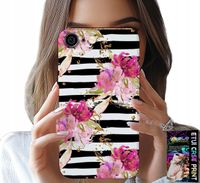 ETUI DO IPHONE 6 / 6S - KWIATKI W CZARNO - BIAŁE PASKI WZORY