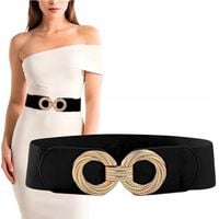 PASEK DAMSKI CZARNA GUMA ELASTYCZNY 90-110 cm ZŁOTA KLAMRA ELEGANCKI