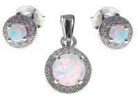 Delikatny rodowany srebrny komplet z opalem i cyrkoniami opal cyrkonie srebro 925 V014Z