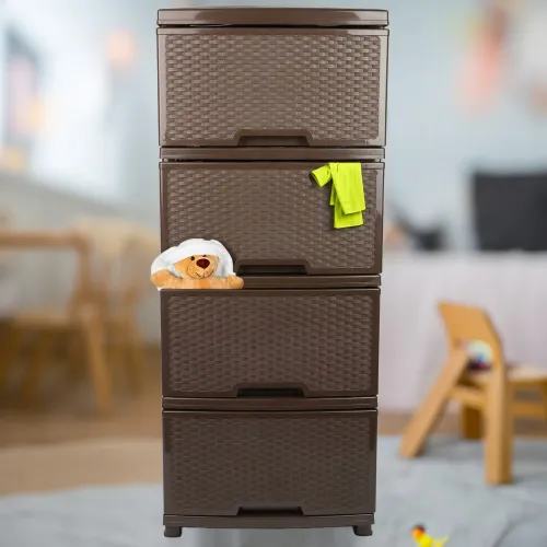 REGAŁ ŁAZIENKOWY BRĄZOWA KOMODA STOJAK SŁUPEK SZAFKA Z 4 KOSZAMI RATTAN na Arena.pl