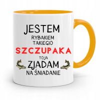 Kubek Żółty Wędkarza Szczupaka Zjadam Na Śniadanie Z Nadrukiem Ze Zdjęciem