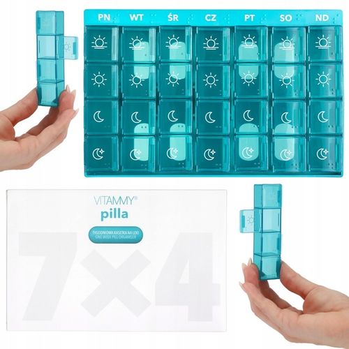 POJEMNIK ORGANIZER KASETKA PUDEŁKO NA LEKI 7 DNI 4 PORY VITAMMY PILLA 7x4 na Arena.pl