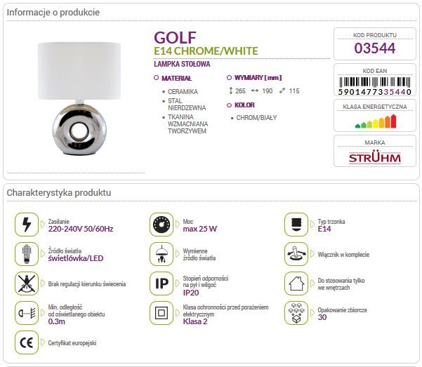 Lampka nocna GOLF chrome/white 03544 E14 Struhm zdjęcie 2