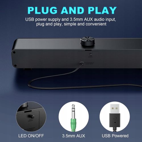 GŁOŚNIK KOMPUTEROWY USB AUX SOUNDBAR RGB HPYLIF -H Oświetlenie RGB na Arena.pl