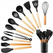 Przybory kuchenne SILIKONOWE Akcesoria Zestaw 12 elementów DREWNIANY uchwyt