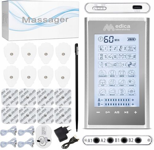 ELEKTROSTYMULATOR MIĘŚNI MASAŻER TENS EMS + ELEKTRODY 16 szt. ZESTAW XXL na Arena.pl