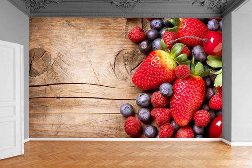 Fototapeta OWOCE TRUSKAWKI JAGODY DESKI 300x210 na Arena.pl