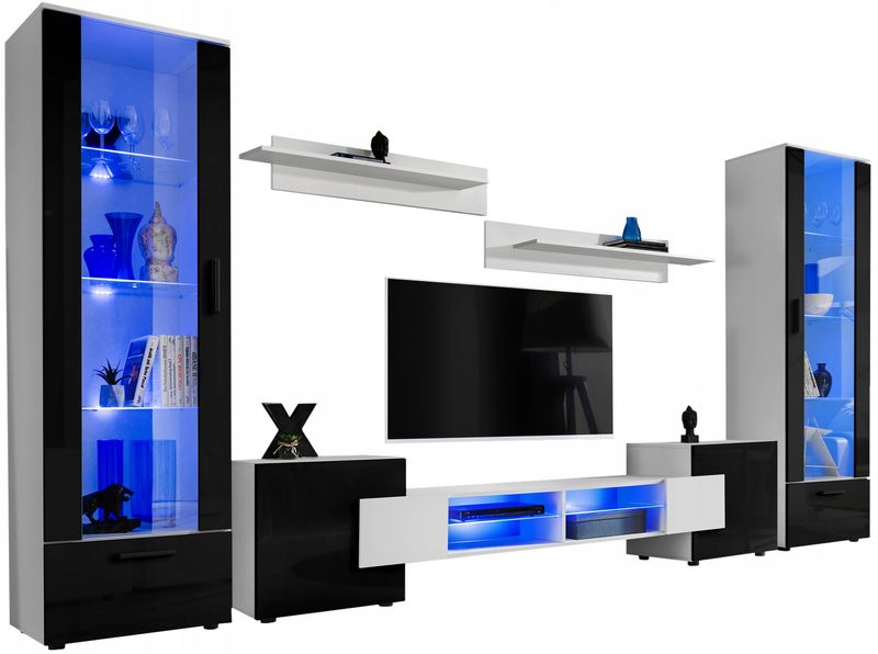 Pan Igiełka Meblościanka Blue LED  Czarny Biały Dąb Wotan 5 Elementów Salon zdjęcie 16