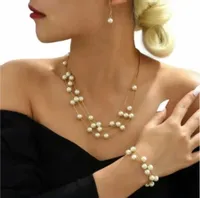 Elegancki Zestaw Kolczyki Naszyjnik Bransoletka Perły Złoty Biały Ślub