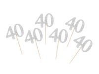 Pikery dekoracyjne, B&C, srebrna "40" w brokacie, 6 szt.