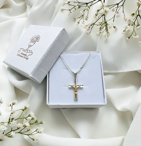 Srebrny łańcuszek i krzyżyk zestaw komunijny 45 cm srebro pozłacany prezent na Arena.pl