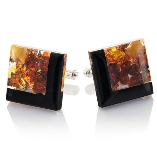 Duże srebrne spinki do mankietów Węgiel i Bursztyn SMW-027 na Arena.pl