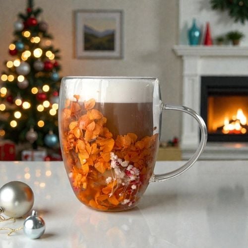 szklanka termiczna z kwiatami w środku, gipsówka, hortensje, na Arena.pl