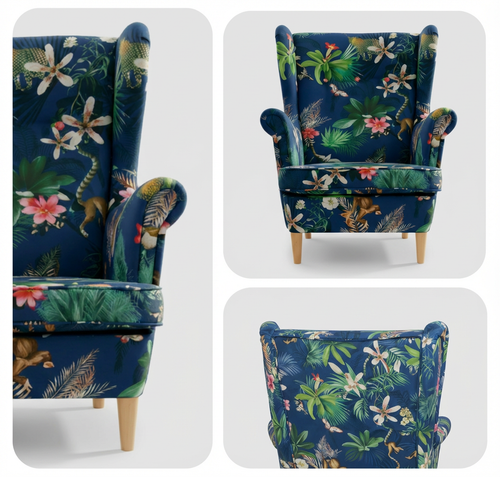Fotel uszak skandynawski wzorzysty niebieski liście Ari Print Family Meble na Arena.pl