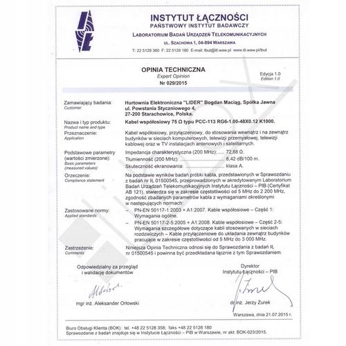 KABEL ANTENOWY KONCENTRYCZNY PRZEWÓD TV MIEDŹ CERTYFIKOWANY Cu/Cu/Cu na Arena.pl