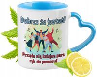Powitanie W Pracy Kubek Błękitny Z Uszkiem W Kształcie Serca Na Prezent