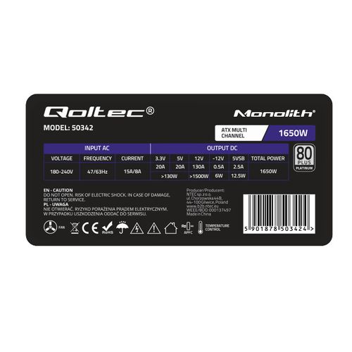 Qoltec Wydajny Zasilacz ATX 1650W 80 Plus Platinum na Arena.pl