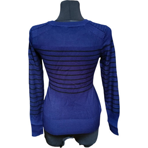 Miękki Granatowy Sweter Damski w Czarne Paski Guziki Rozmiar M Rayon na Arena.pl