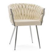 Welurowe Krzesło Z Przeplatanym Oparciem ROSA CHROME Beżowe Srebrne Nogi