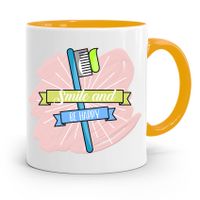 Kubek Żółty Prezent Dentysty Smile And Be Happy Z Nadrukiem Ze Zdjęciem