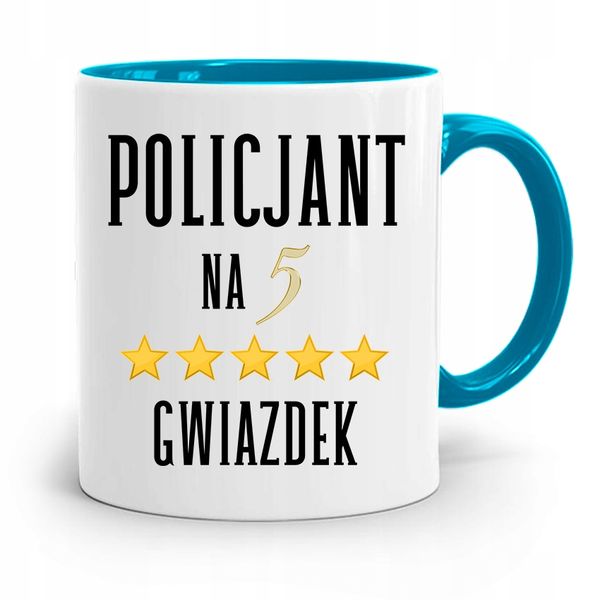 Kubek Błękitny Dla Policjanta Na Pięć Gwiazdek Z Nadrukiem Ze Zdjęciem zdjęcie 1